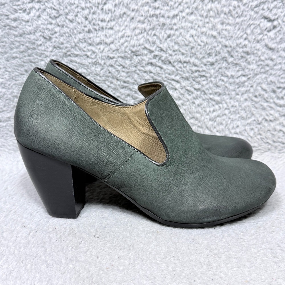 Fly London SACO Womens Size 39 US 8-8.5 Slip On Pump Heels Shoes Green Leather